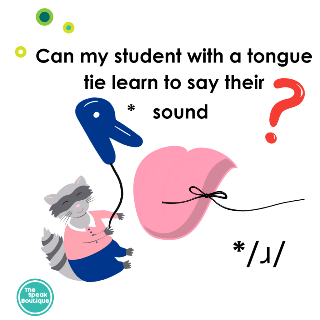 A raccoon is holding a balloon with the  letter R beside a cartoon of a tongue with a knot. The text reads: Can my student with a tongue tie learn to say their R sound?
